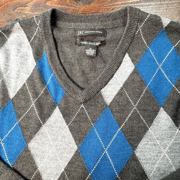 I.N.C. International Concepts Argyle Sweater Men Medium Merino Wool - Picture 6 of 10